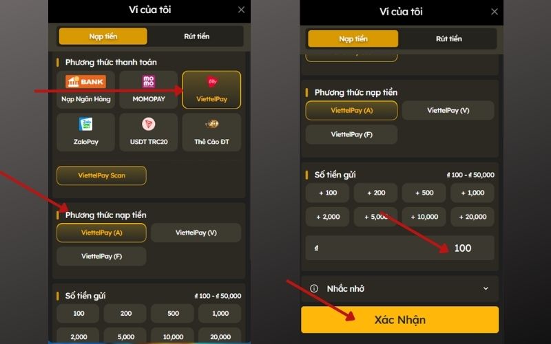 Chọn phương thức ViettelPay trong mục nạp tiền Chọn phương thức ViettelPay trong mục nạp tiền