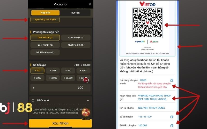 Xác nhận số tiền nạp và thực hiện chuyển tiền Xác nhận số tiền nạp và thực hiện chuyển tiền